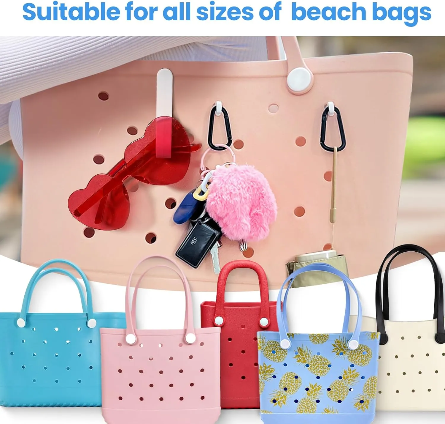 4Pcs Hooks Set Accessories Compatible for Bogg Bag, Insert Carabiner Key Chain Holder Charms, Compatible for Small & Large Beach Bags