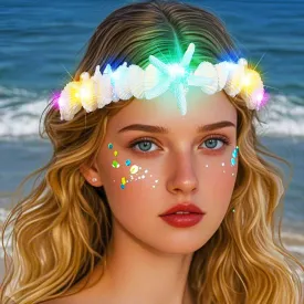 Aukmla Light Up Starfish Mermaid Head Chain Silver Sea Shell Headpiece Beach Headband Hair Accessories for Women (Colorful Light, One Size)