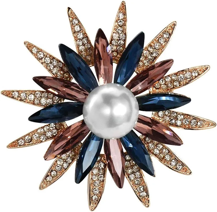 Austrain Crystal Geometry Flower Brooch Pins with Simulated Pearl Bouquet Jewelry Accessories for Women