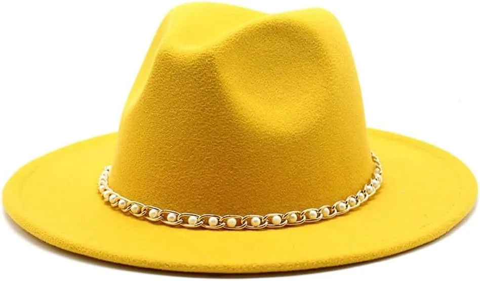 Autumn and Winter Felt Hat Gold Chain Woolen Hat European and American Jazz Felt Hat Men and Women Big Brim Flat Brimmed Hat Fengyan Cowboy Hats (Color : Rose Red, Size : 56-58cm)