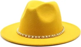 Autumn and Winter Felt Hat Gold Chain Woolen Hat European and American Jazz Felt Hat Men and Women Big Brim Flat Brimmed Hat Fengyan Cowboy Hats (Color : Rose Red, Size : 56-58cm)