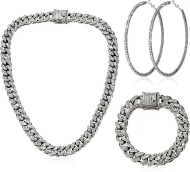 Batiyeer Cuban Link Chain Necklace Bracelet Rhinestone Earrings Bling Necklace Bracelet Crystal Big Circle Earring for Women