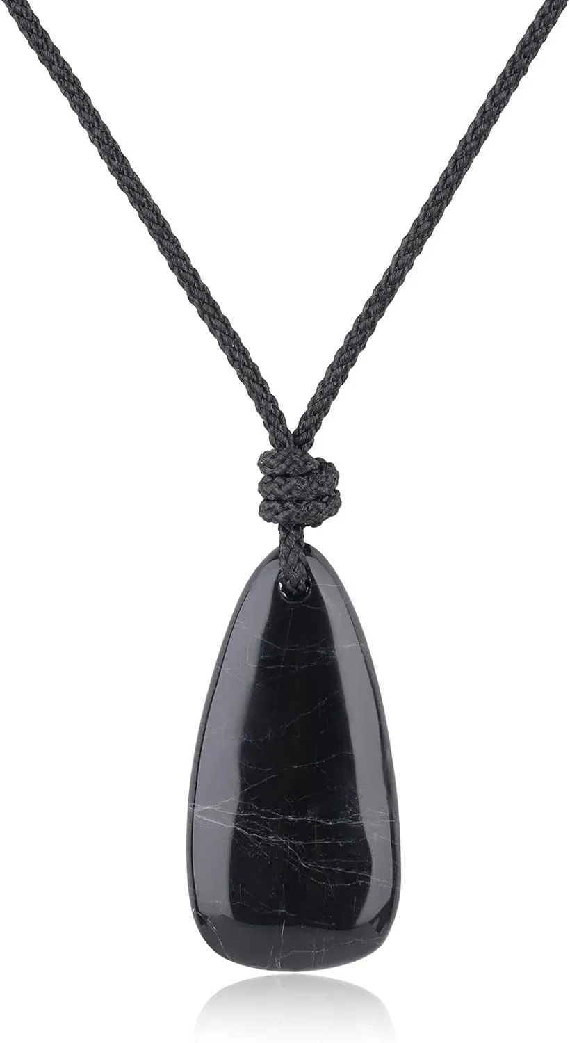 COAI Black Tourmaline Necklace for Men Women, Teardrop Pendant Adjustable Nylon Cord/Genuine Leather Necklace for Men Women