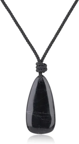 COAI Black Tourmaline Necklace for Men Women, Teardrop Pendant Adjustable Nylon Cord/Genuine Leather Necklace for Men Women