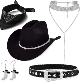 Cowboy Costume Outfit for Women Glitter Choker Necklace Cowboy Hat Buckle Belt Accessories Set for Halloween Cosplay Party