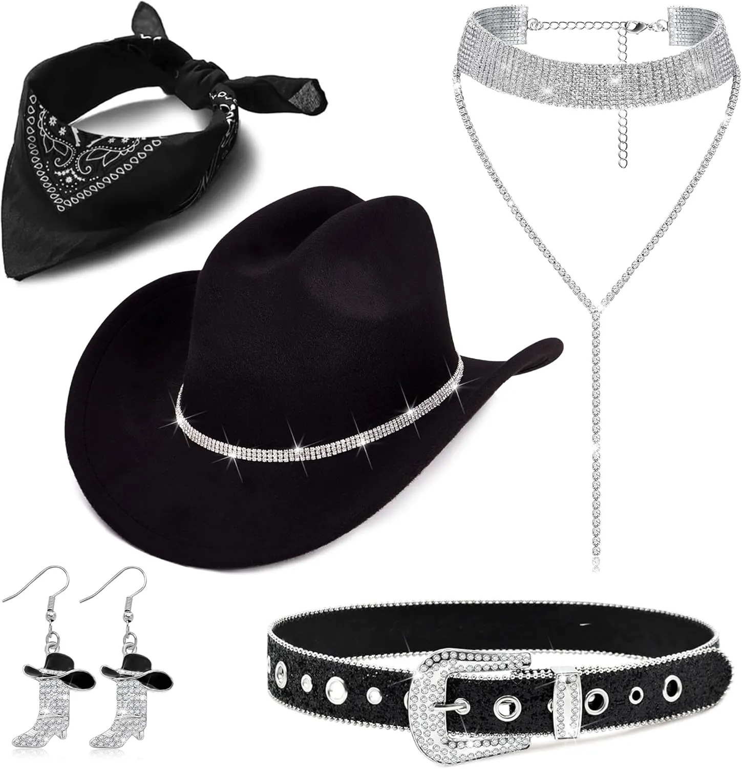 Cowboy Costume Outfit for Women Glitter Choker Necklace Cowboy Hat Buckle Belt Accessories Set for Halloween Cosplay Party