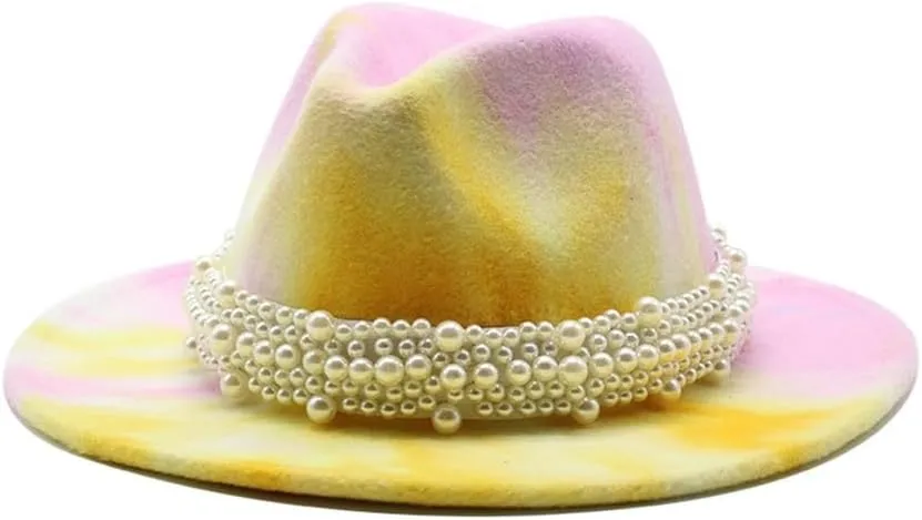 DHAEY Autumn and Winter Tie-Dyed Colored Wool Jazz Hat European and American Style Flat Brim Felt Hat with Pearl Belt Luopan Caps & Hats (Color : Rose Red, Size : 56-58cm)