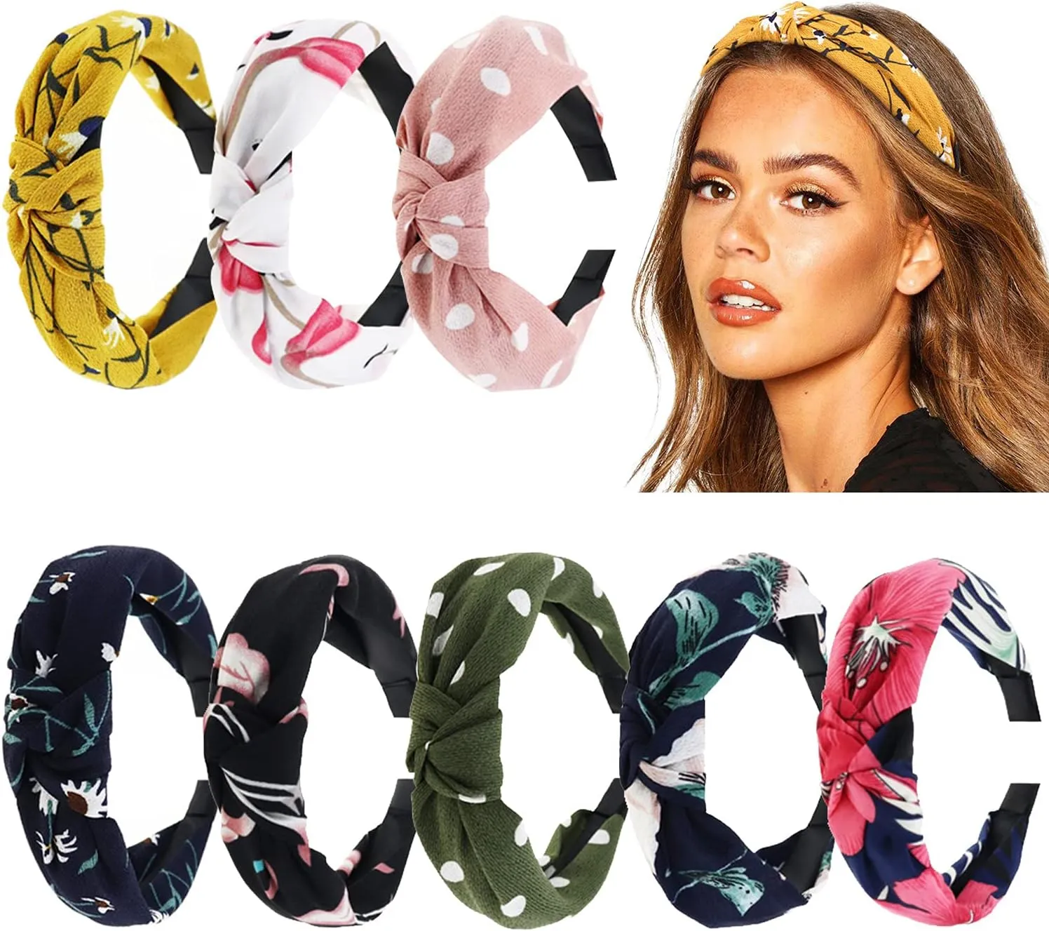 DRESHOW 8 Pack Knotted Headbands for Women Wide Turban Headband Yoga Exercise Ribbing Hair Hoop Hair Bands Accessories