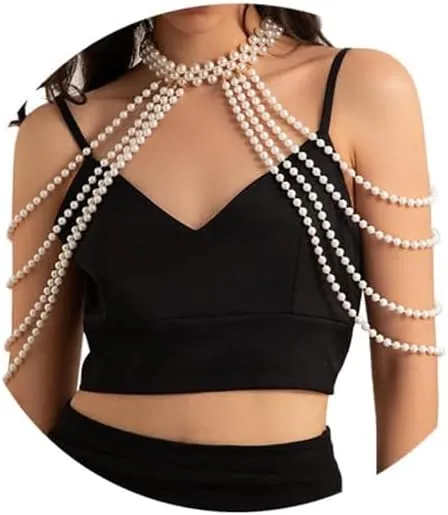 Elegant Pearl Body Chain Bra Bikini Beads Lingerie Chain Necklace Trendy Pearl Shoulder Body Chain Jewelry Festival Rave Pearl Arm Chain Jewelry for Women, Medium, White