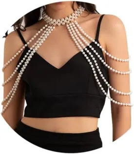 Elegant Pearl Body Chain Bra Bikini Beads Lingerie Chain Necklace Trendy Pearl Shoulder Body Chain Jewelry Festival Rave Pearl Arm Chain Jewelry for Women, Medium, White