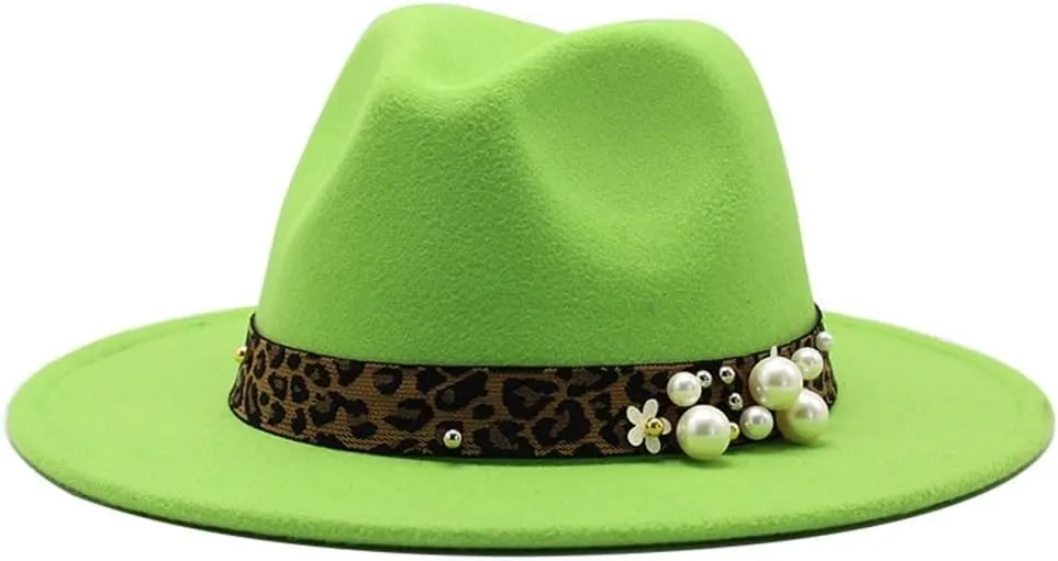 Fashion Leopard Texture Pearl Wool Hat Men and Women Jazz Hat Autumn and Winter Versatile Felt Hat Flat Brim Hat with Leopard Belt Fengyan Cowboy Hats (Color : C8, Size : 56-58cm)