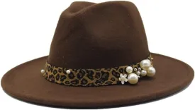 Fashion Leopard Texture Pearl Wool Hat Men and Women Jazz Hat Autumn and Winter Versatile Felt Hat Flat Brim Hat with Leopard Belt Fengyan Cowboy Hats (Color : Dark Coffee, Size : 59-61cm)