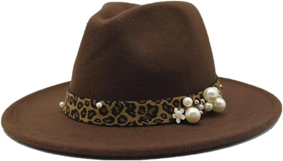 Fashion Leopard Texture Pearl Wool Hat Men and Women Jazz Hat Autumn and Winter Versatile Felt Hat Flat Brim Hat with Leopard Belt Fengyan Cowboy Hats (Color : Dark Coffee, Size : 59-61cm)