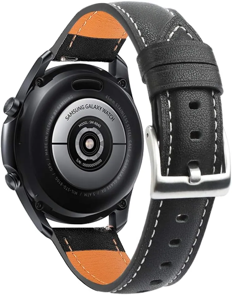 Genuine Leather Watch Band Compatible with Samsung Galaxy Watch 3 45mm, Quick Release 22mm Replacement Strap Fit for 145mm-205mm (5.7-8.1 Inch) Inch Wrists, Adjustable Buckle(Black)