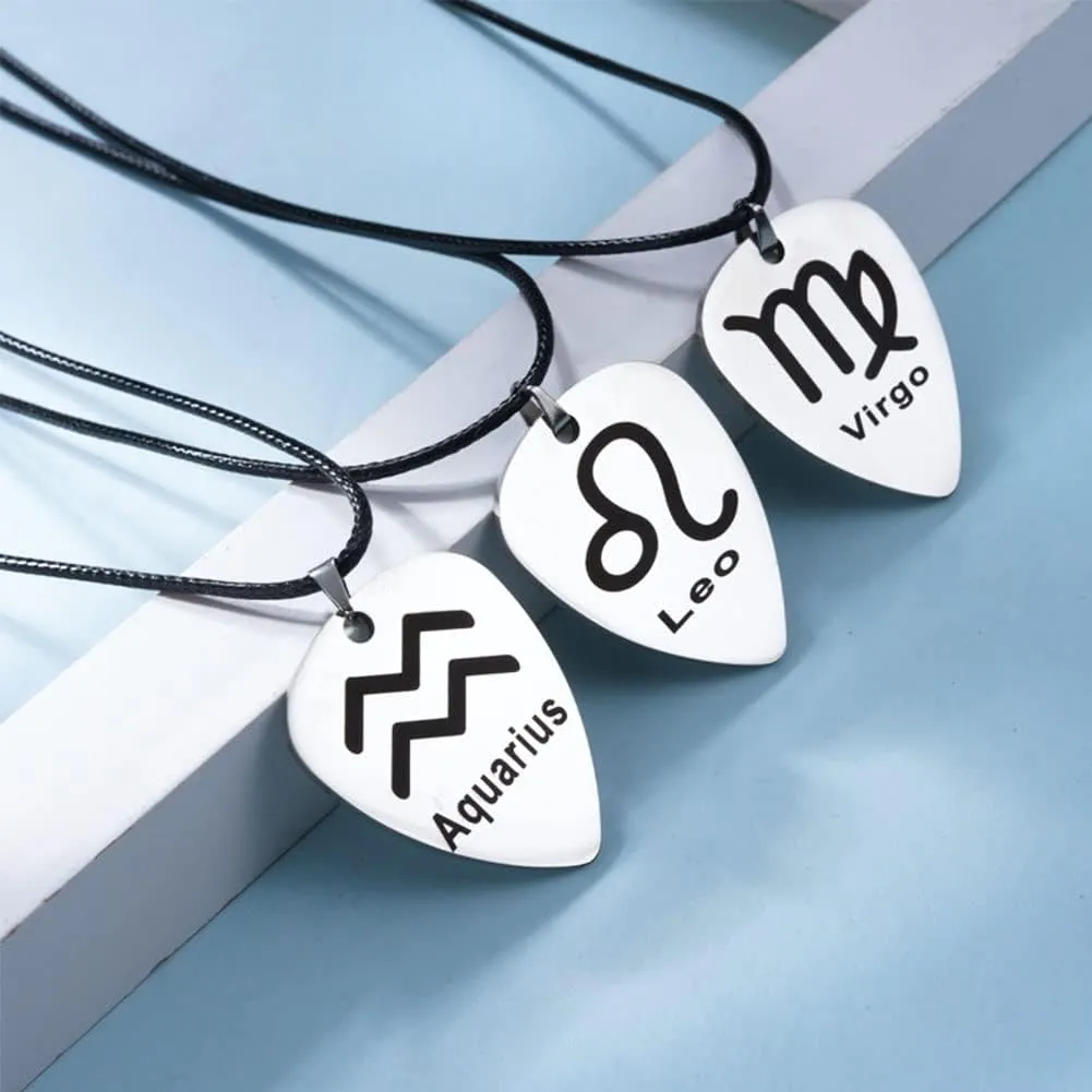 Guitar Pick Necklace for Men Women Stainless Steel Pick Constellation Zodiac Necklace Choker Music Lover Lettering Zodiac Pendant Rock Punk Jewelry Gift