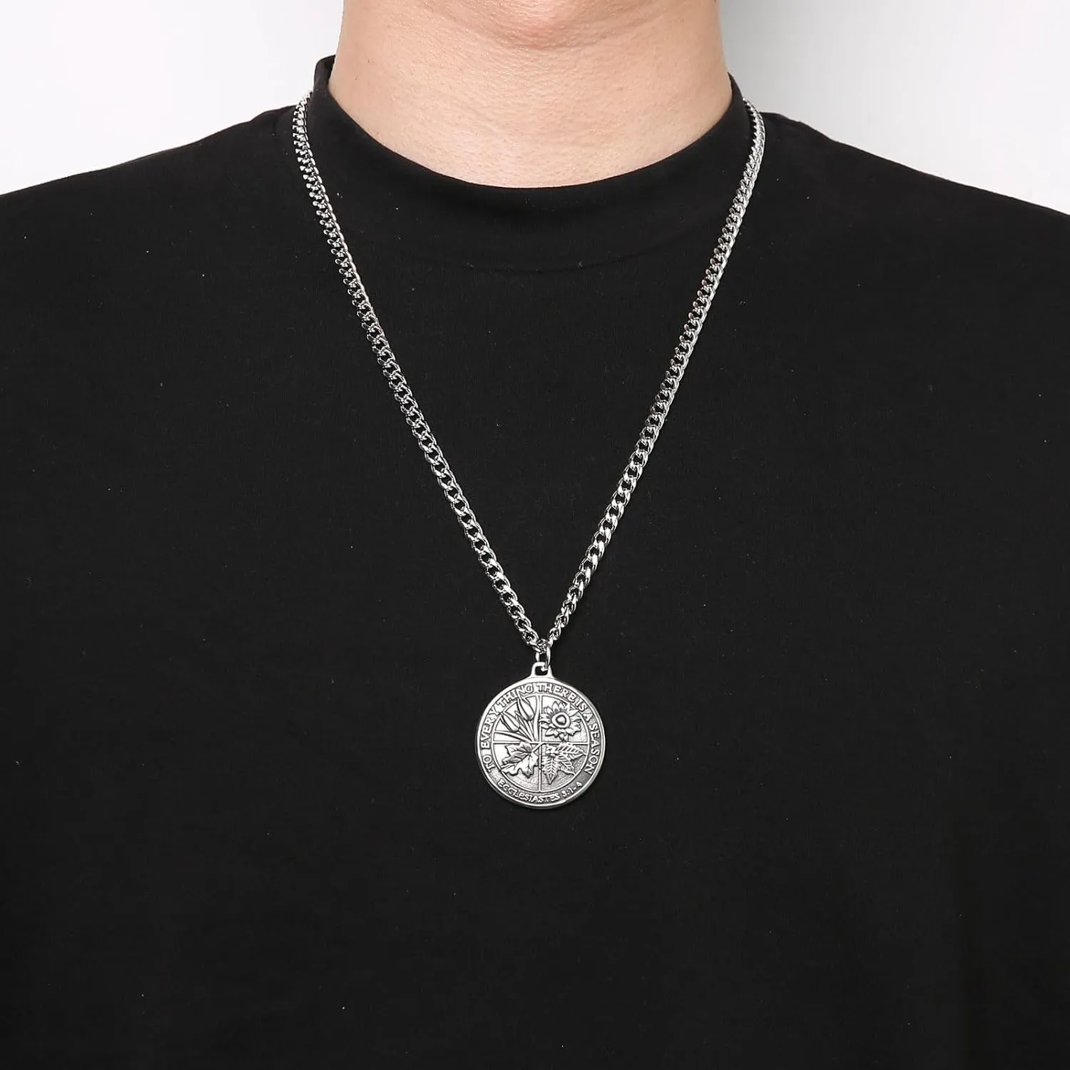 HZMAN Coin Necklace Men's Stainless Steel Necklace Pendant Retro Ecclesiastes Bible Verse Round Medal Necklace Jewelry Gift
