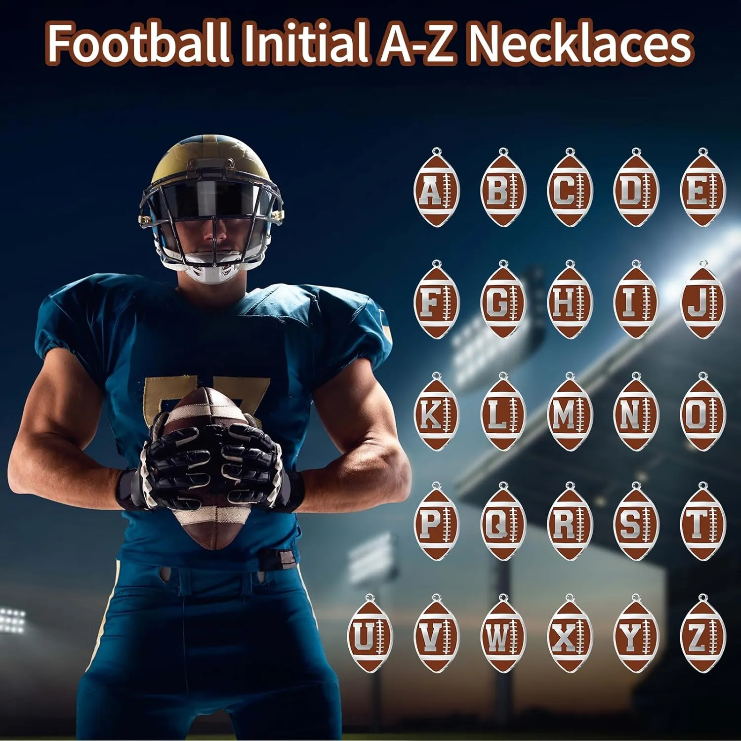 Initial A-Z Letter Football Necklace for Men Boys Sports Charm Pendant - Stainless Steel Football Chain Personalized Gifts for Team Player Athlete Lover Fans