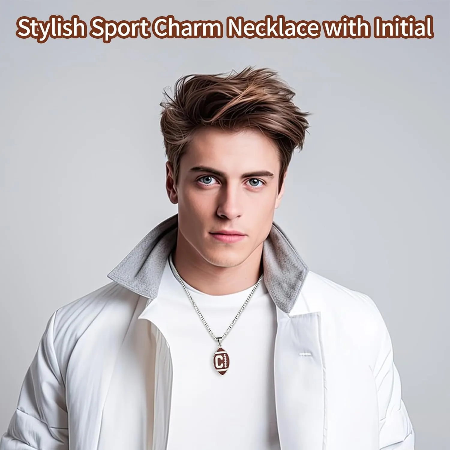 Initial A-Z Letter Football Necklace for Men Boys Sports Charm Pendant - Stainless Steel Football Chain Personalized Gifts for Team Player Athlete Lover Fans