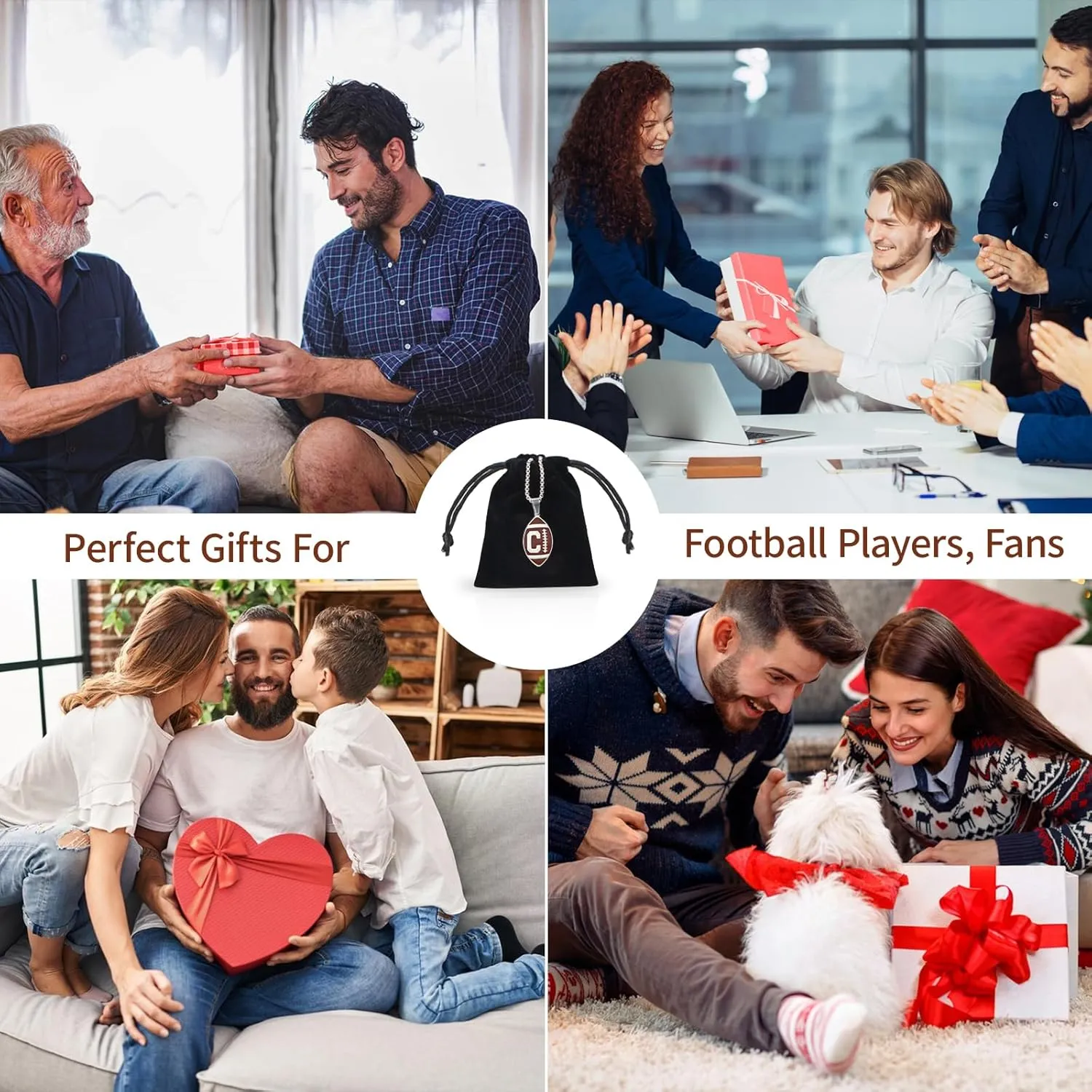Initial A-Z Letter Football Necklace for Men Boys Sports Charm Pendant - Stainless Steel Football Chain Personalized Gifts for Team Player Athlete Lover Fans