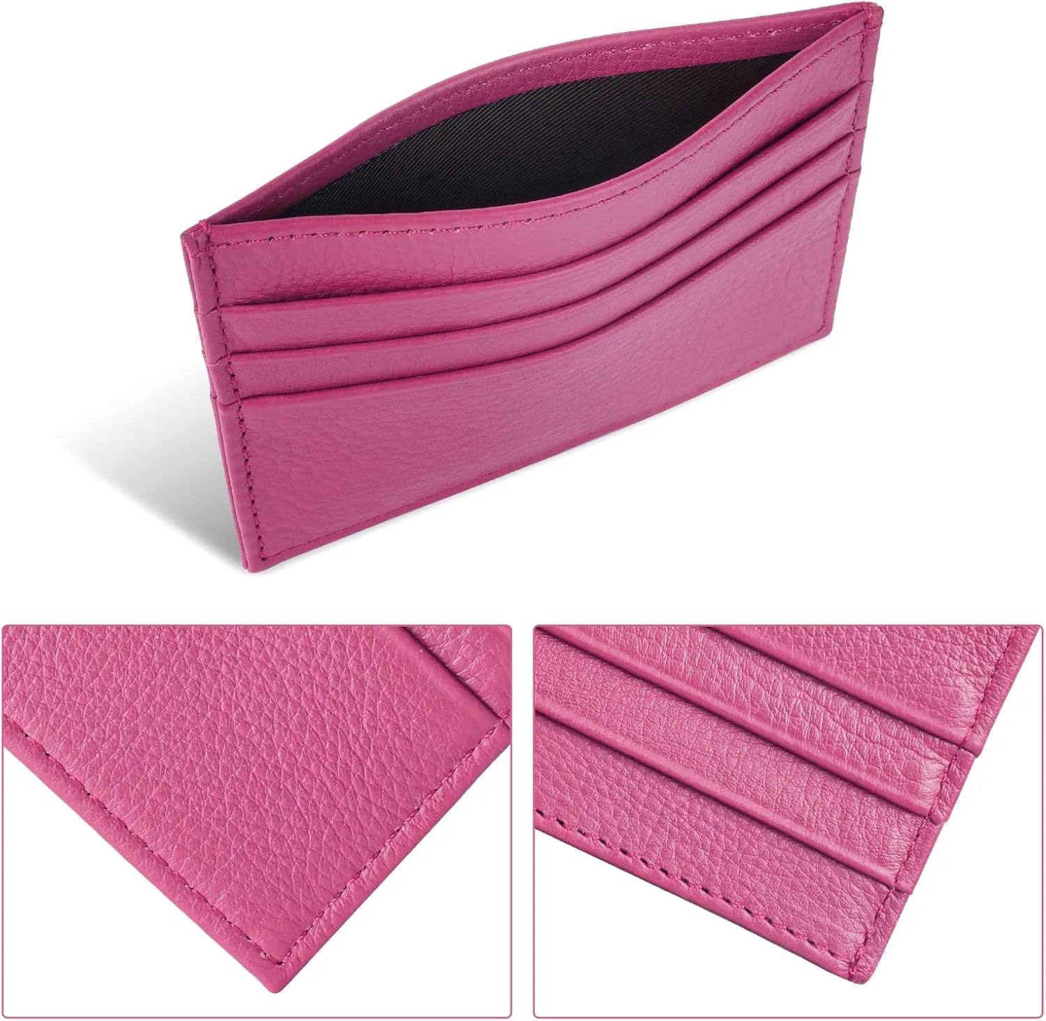 Leather Wallet, RFID Blocking Minimalist Card Holder, 6 Card Slots & 1 Pocket, Front Pocket Wallets for Men & Women (Rose Red)