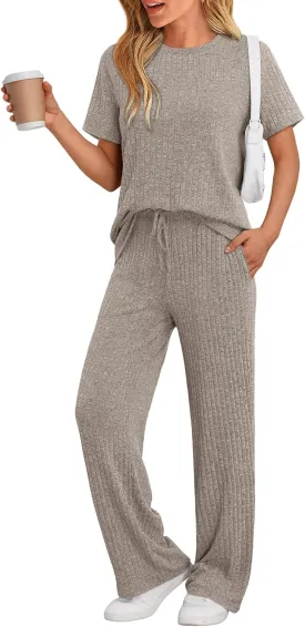 LILLUSORY 2 Piece Lounge Sets for Women Summer Vacation Outfits Matching Casual Wide Leg Pants Sets Ribbed Knit Pajamas 2025