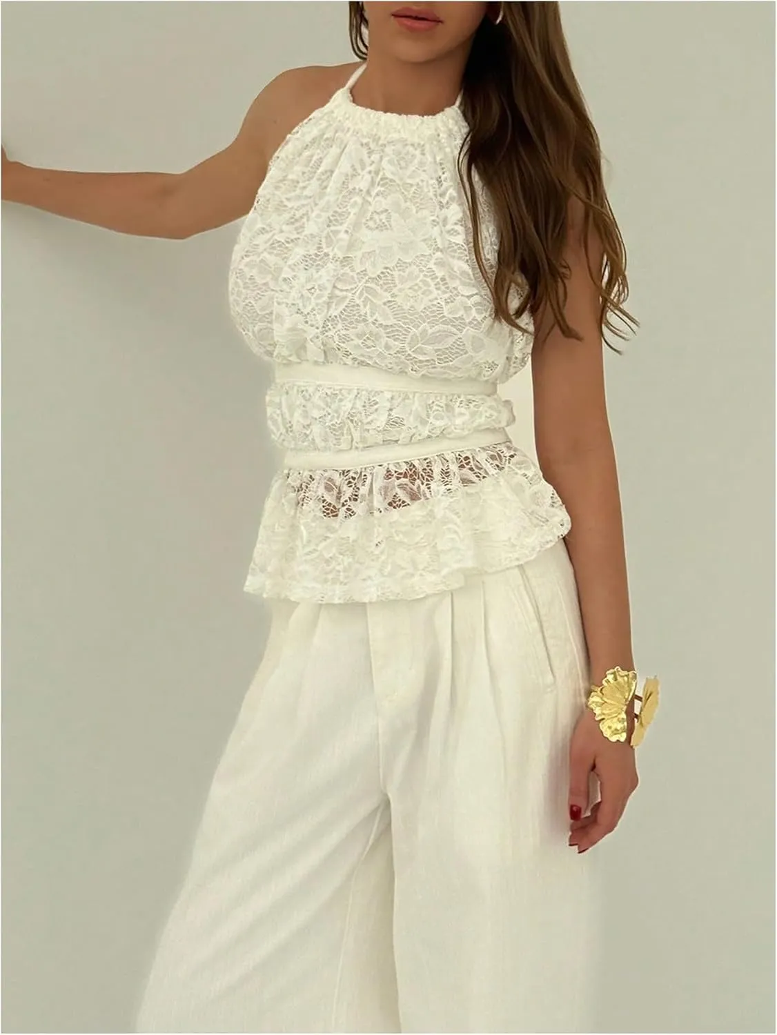 MakeMeChic Women's Ruffle Layered Halter Top Sleeveless Tie Back Y2K Crop Tops