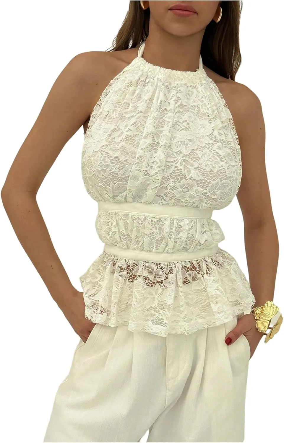 MakeMeChic Women's Ruffle Layered Halter Top Sleeveless Tie Back Y2K Crop Tops