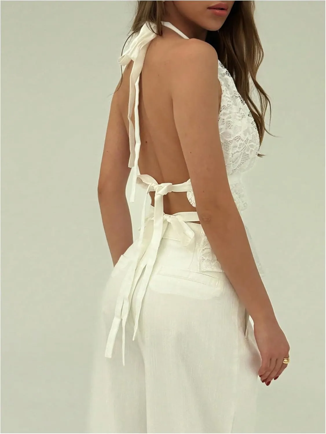 MakeMeChic Women's Ruffle Layered Halter Top Sleeveless Tie Back Y2K Crop Tops