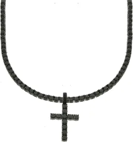 Men's Black Finish Round Cut Cubic Zirconia Cross Pendant with 1 Row Black Tennis Necklace Choker Chain 16-24 inches