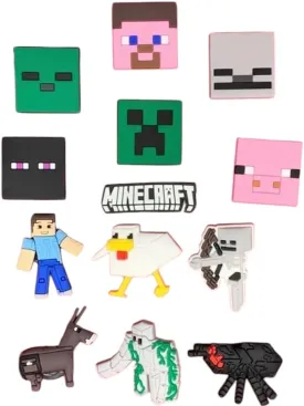 MineCraft Gaming Shoe Charms, 13 Piece Set Chicken and Characters, Decorative Pixel Art Design