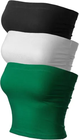 MixMatchy Women's 3 Pack Casual Summer Ruched Side Backless Double Layered Tube Top with Built in Shelf Bra
