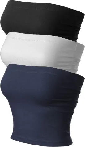 MixMatchy Women's 3 Pack Casual Summer Ruched Side Backless Double Layered Tube Top with Built in Shelf Bra