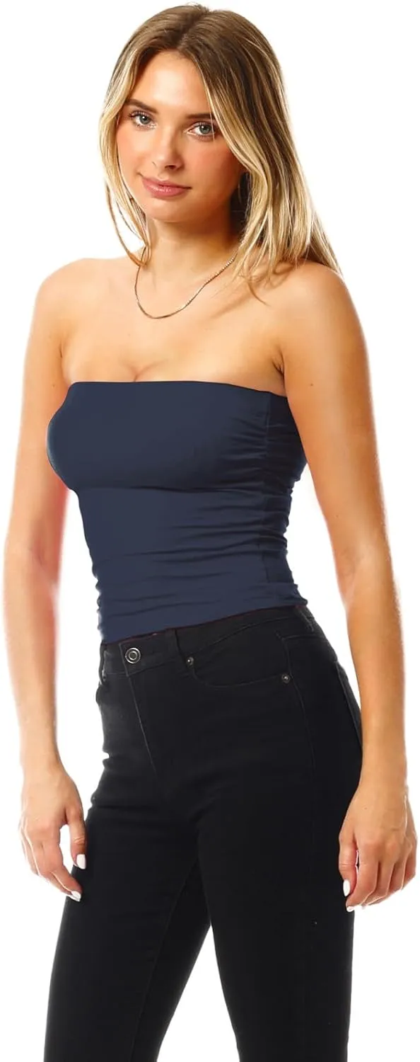 MixMatchy Women's 3 Pack Casual Summer Ruched Side Backless Double Layered Tube Top with Built in Shelf Bra