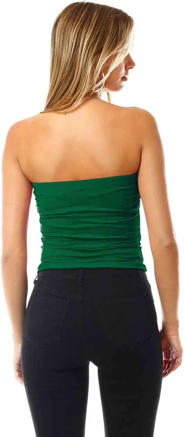 MixMatchy Women's 3 Pack Casual Summer Ruched Side Backless Double Layered Tube Top with Built in Shelf Bra