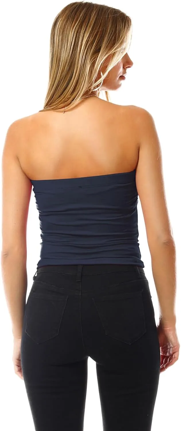 MixMatchy Women's 3 Pack Casual Summer Ruched Side Backless Double Layered Tube Top with Built in Shelf Bra