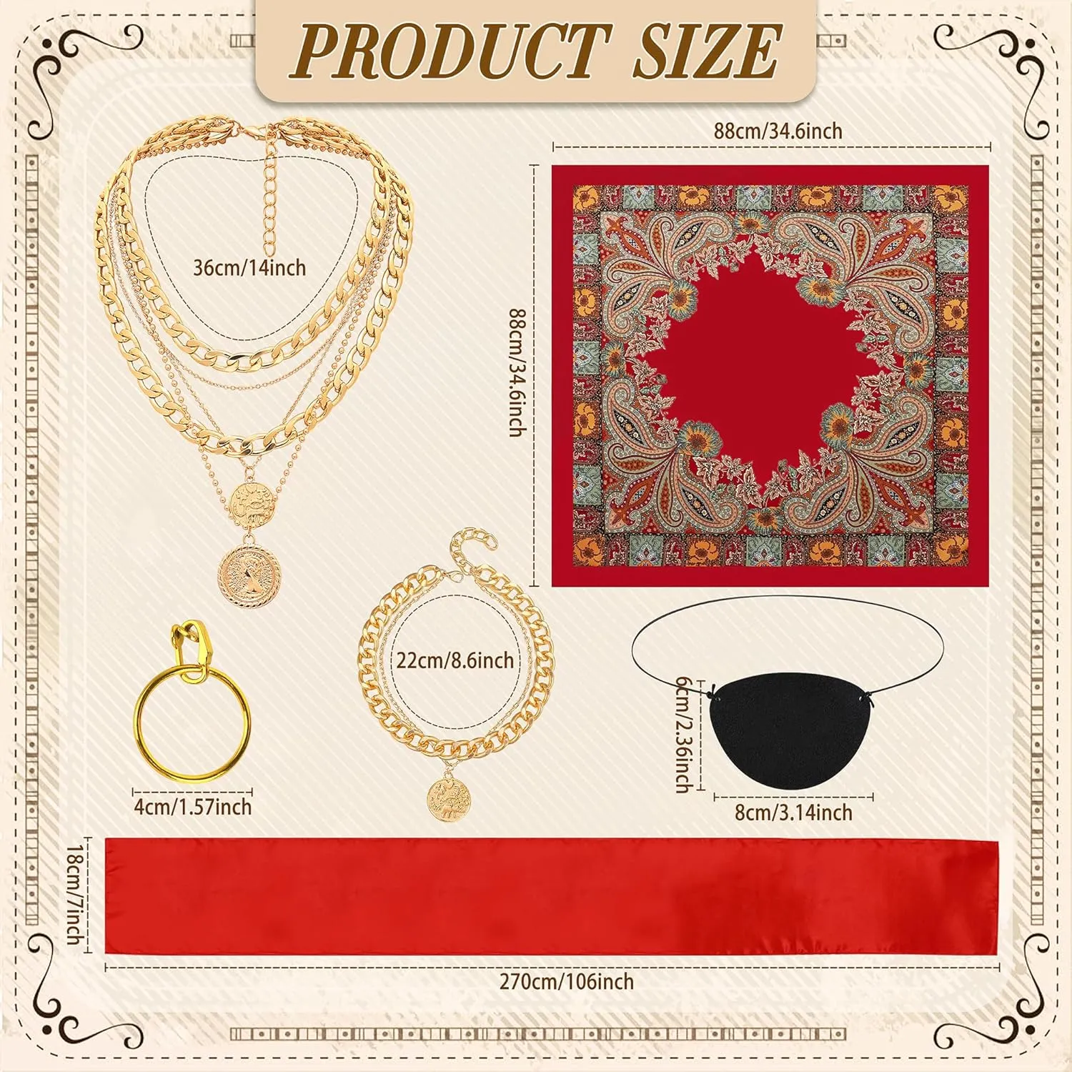 Pirate Costume Accessories for Women, Womens Captain Pirate Accessories with Bandana Head Scarf Sash Necklace (6PCS)