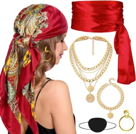 Pirate Costume Accessories for Women, Womens Captain Pirate Accessories with Bandana Head Scarf Sash Necklace (6PCS)