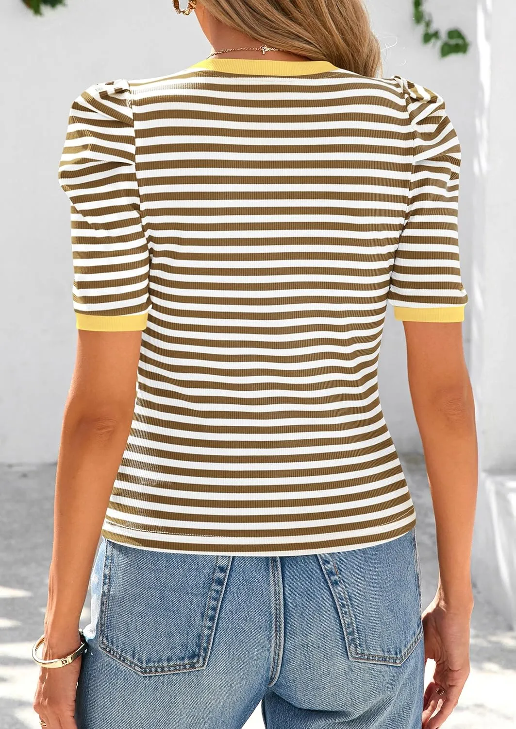 PRETTYGARDEN Women's Summer Puff Sleeve Tops Casual Ribbed Knit Crop Top Color Block Trendy Crewneck Striped Shirts