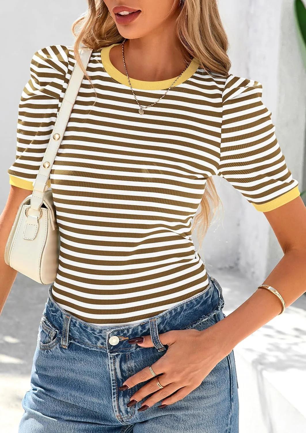 PRETTYGARDEN Women's Summer Puff Sleeve Tops Casual Ribbed Knit Crop Top Color Block Trendy Crewneck Striped Shirts