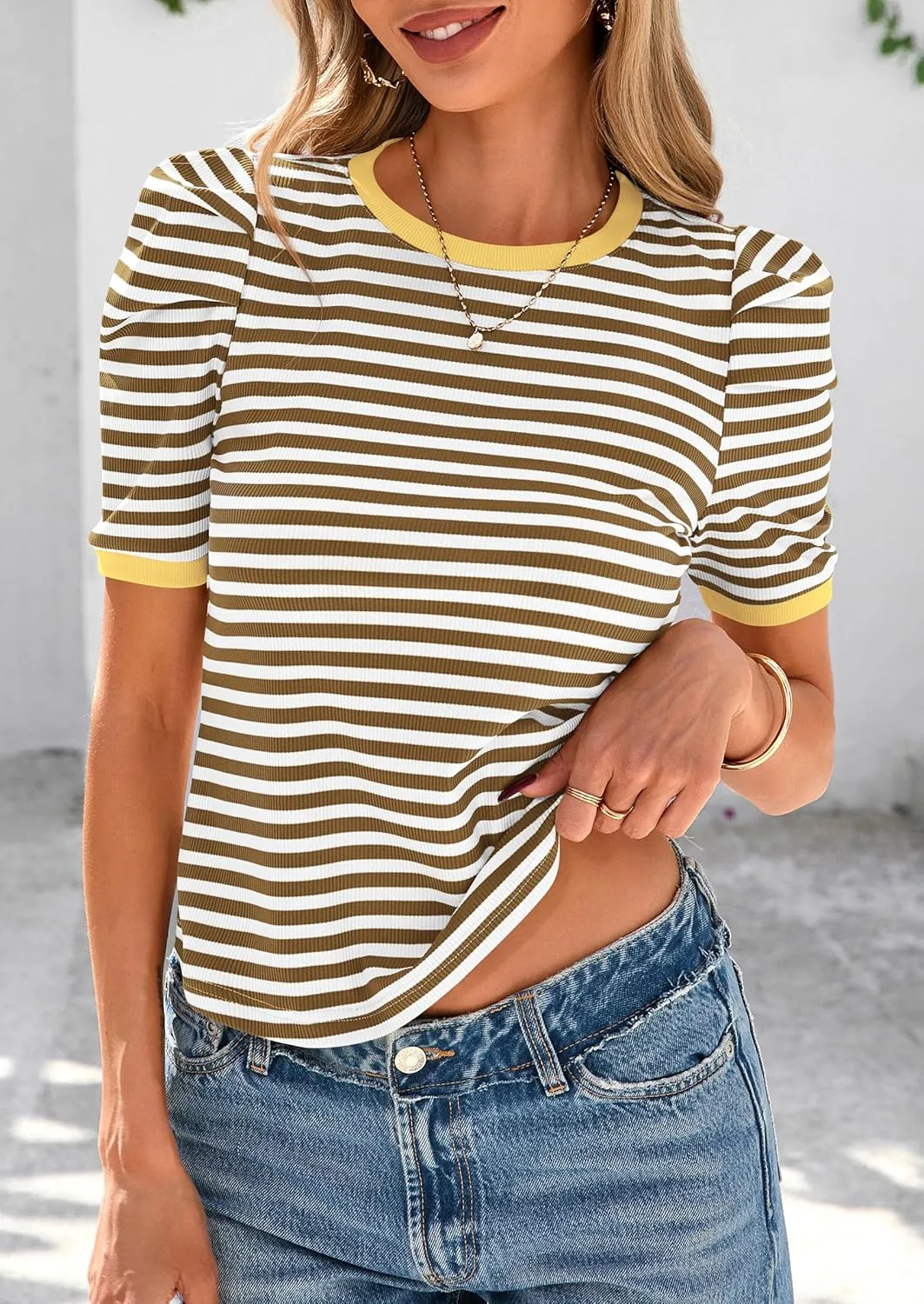 PRETTYGARDEN Women's Summer Puff Sleeve Tops Casual Ribbed Knit Crop Top Color Block Trendy Crewneck Striped Shirts