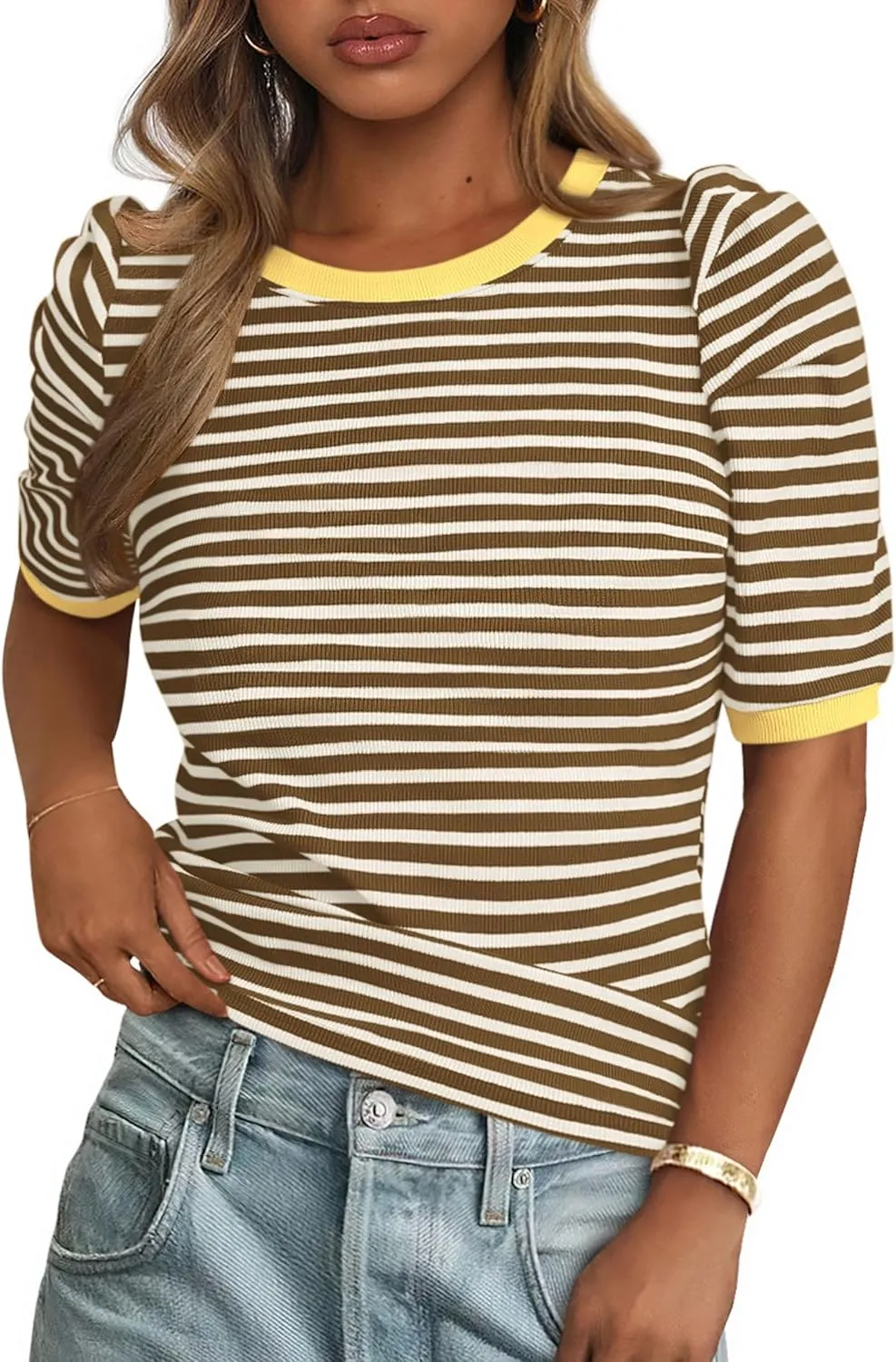 PRETTYGARDEN Women's Summer Puff Sleeve Tops Casual Ribbed Knit Crop Top Color Block Trendy Crewneck Striped Shirts
