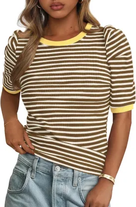 PRETTYGARDEN Women's Summer Puff Sleeve Tops Casual Ribbed Knit Crop Top Color Block Trendy Crewneck Striped Shirts