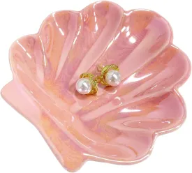 Sea Shell Jewelry Dish, Ceramic Seashell Jewelry Holder, Cute Organizer Plate Vanity Decorations Accessories for Home Decor Bathroom (Pink Shell)