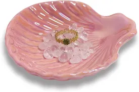 Seashell Trinket Dish Tray, Ceramic Shell Shape Ring Holder Dish, Cute Jewelry Dish Tray for Rings Earrings Necklaces Bracelet, Pink Iridescent