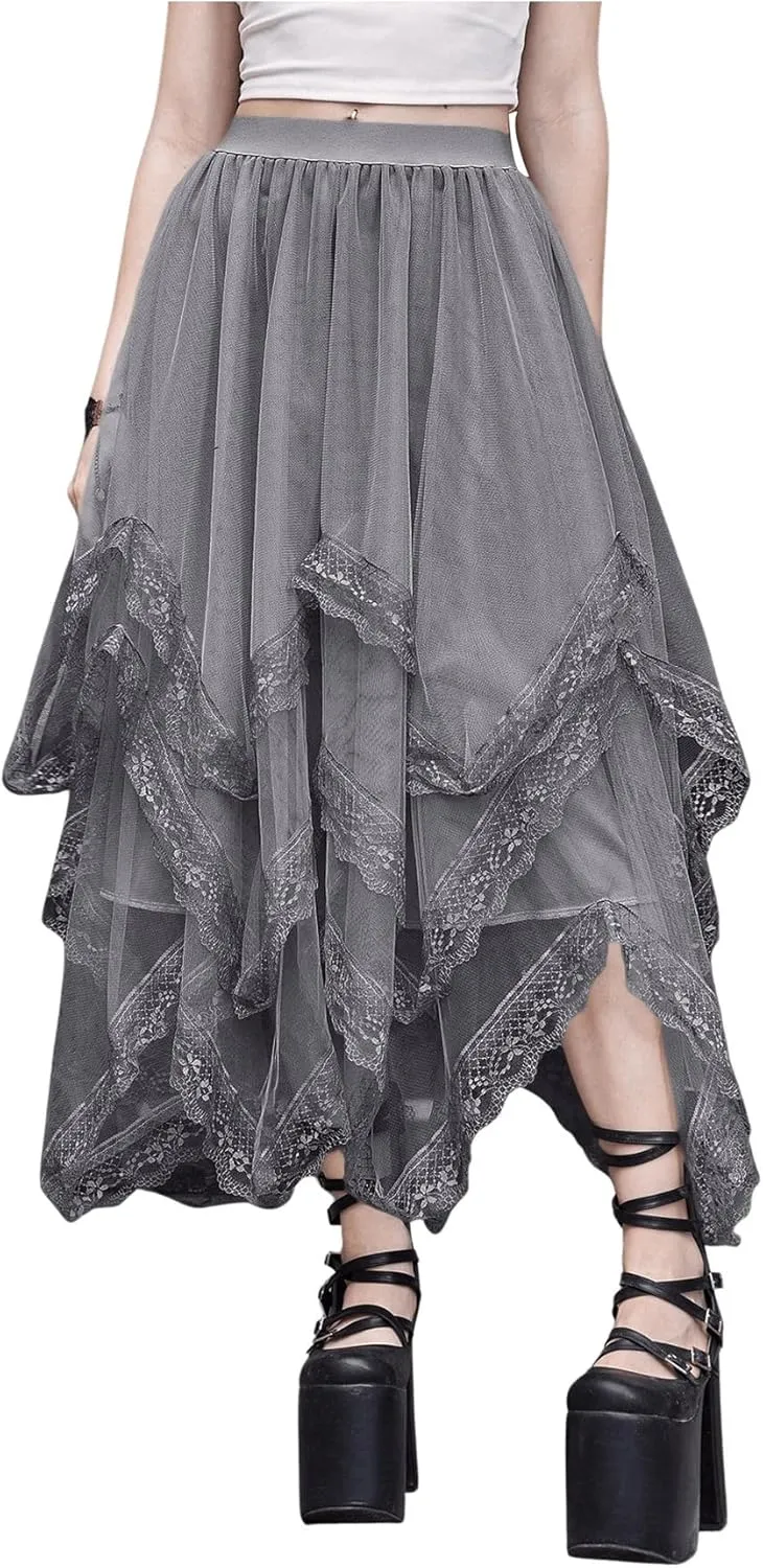SHENHE Women's Lace Trim Layered Mesh Tulle Skirt High Waist Asymmetrical Long Goth Skirt