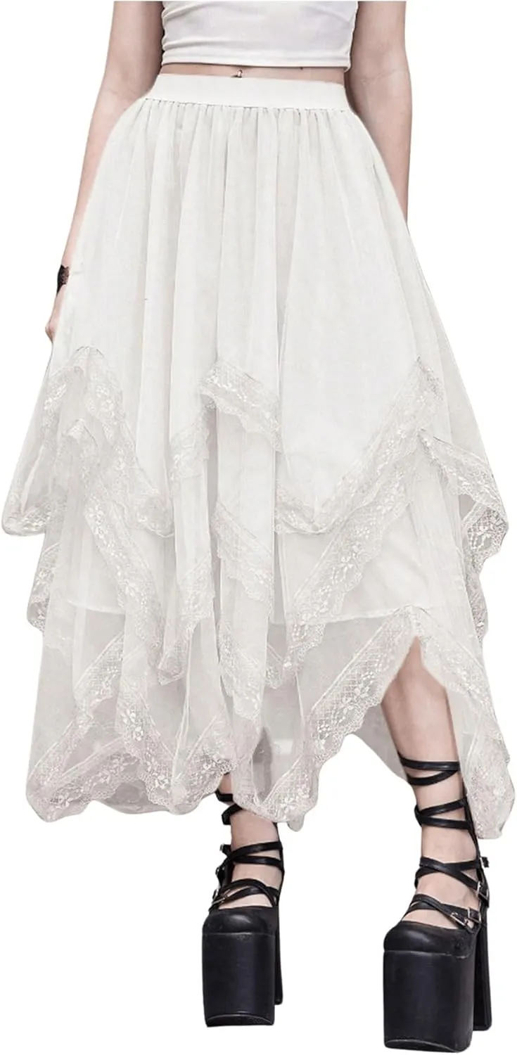 SHENHE Women's Lace Trim Layered Mesh Tulle Skirt High Waist Asymmetrical Long Goth Skirt