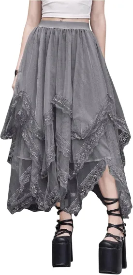 SHENHE Women's Lace Trim Layered Mesh Tulle Skirt High Waist Asymmetrical Long Goth Skirt