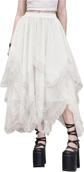 SHENHE Women's Lace Trim Layered Mesh Tulle Skirt High Waist Asymmetrical Long Goth Skirt