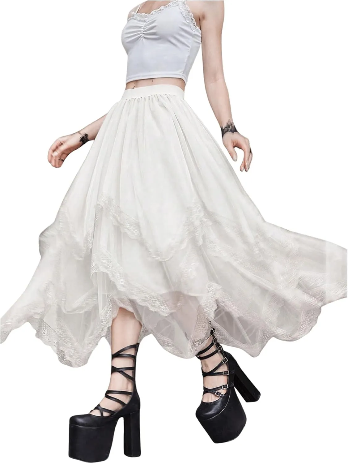 SHENHE Women's Lace Trim Layered Mesh Tulle Skirt High Waist Asymmetrical Long Goth Skirt