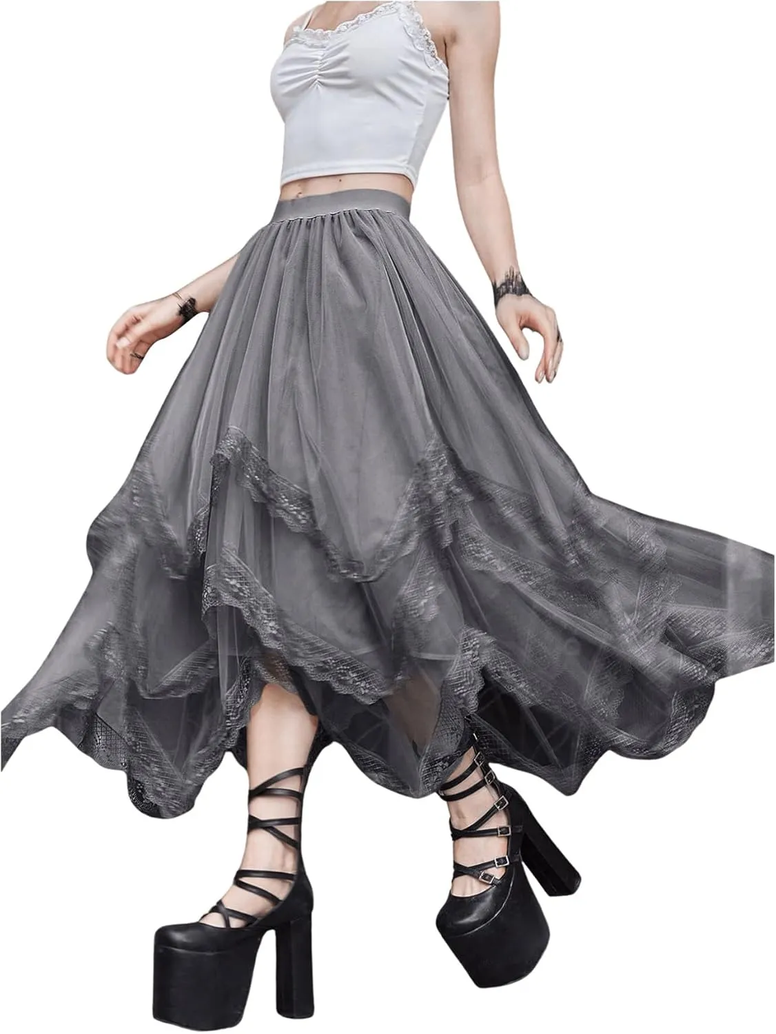 SHENHE Women's Lace Trim Layered Mesh Tulle Skirt High Waist Asymmetrical Long Goth Skirt